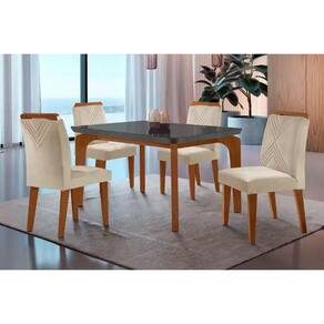 Conjunto: Mesa de Cozinha Londrina c/ Tampo Madeirado c/ Vidro Canto Curvo 120x80cm e 4 cadeiras Amsterdã Imbuia/Grafite - Suede Creme - Rufato