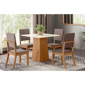 Conjunto: Mesa de Cozinha Dora Tampo Madeirado 90cm e 4 Cadeiras Milla Nature/Suede Light Marrom Amendoa - Henn