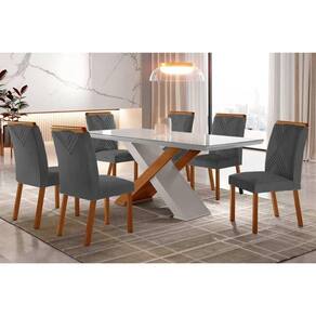 Conjunto: Mesa de Cozinha Imperatriz Tampo Madeirado c/ Vidro Reto 180x90 e 6 Cadeiras Amsterdã Imbuia/Off White - Linho Grafite - Rufato