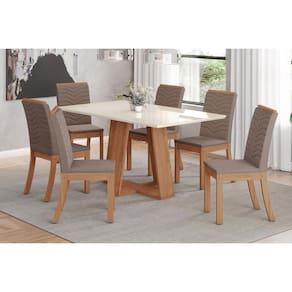 Conjunto: Mesa de Cozinha Lins SC91 Tampo Madeirado c/ Vidro Canto Reto 120x80cm e 6 Cadeiras Isa Nature/Suede Light Bege - Henn