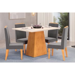 Conjunto: Mesa Sala Jantar Dulce Tampo Madeirado c/ Vidro Reto 120x90cm e 4 Cadeiras Lia Cedro/Off White - Suede Lunar - DJ Móveis
