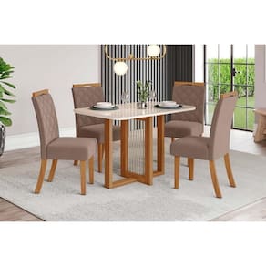 Conjunto: Mesa de Cozinha Natalí c/ Tampo Madeirado c/ Vidro Curvo 120x80cm e 4 Cadeiras Bella Nature/Suede Light Marrom Amendoa - Henn