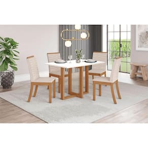 Conjunto: Mesa de Cozinha Natalí c/ Tampo Madeirado 120x80cm e 4 Cadeiras Isa Nature/Off White - Linho Bege - Henn