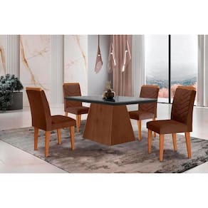 Conjunto: Mesa de Cozinha Luna c/ Tampo Madeirado c/ Vidro Canto Curvo 120x80cm e 4 cadeiras Londrina Imbuia/Grafite - Suede Marrom - Rufato