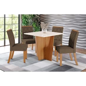 Conjunto: Mesa de Cozinha Vértice c/ Tampo Reto Madeirado c/ Vidro 90x90cm e 4 Cadeiras Vita Nature/Suede Light Bege - Henn