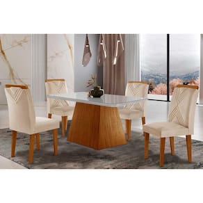 Conjunto: Mesa de Cozinha Luna Tampo Madeirado c/ Vidro Canto Curvo 120x80 e 4 Cadeiras Amsterdã Imbuia/Suede Creme - Rufato