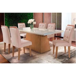 Conjunto: Mesa de Cozinha Luna c/ Tampo de Vidro Canto Curvo 180x90cm e 6 cadeiras Imperatriz Imbuia/Off White - Suede Creme - Rufato