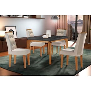 Conjunto: Mesa de Cozinha Londrina c/ Tampo Madeirado c/ Vidro Canto Reto 120x80cm e 4 cadeiras Imperatriz Imbuia/Grafite - Suede Creme - Rufato