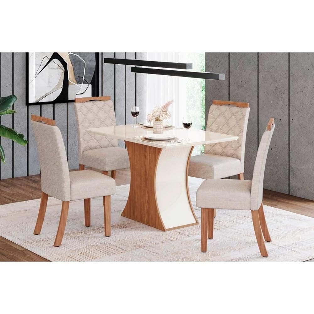 Conjunto: Mesa de Cozinha Luiza Tampo Madeirado c/ Vidro Canto Reto 120x80cm e 4 Cadeiras Bella Nature/Linho - Henn