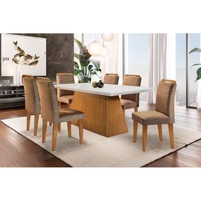 Conjunto: Mesa de Cozinha Luna c/ Tampo Madeirado c/ Vidro Canto Reto 180cm e 6 Cadeiras Athenas Imbuia-Capuccino/Suede Capuccino - Rufato