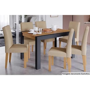 Conjunto: Mesa de Cozinha Grace c/ Tampo Madeirado 130x90cm e 6 Cadeiras Maia Grafite/Nature-Suede Gengibre Bege - Cimol