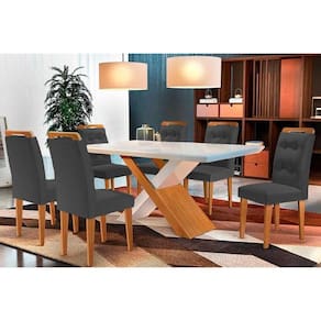 Conjunto: Mesa de Cozinha Imperatriz Tampo Madeirado c/ Vidro Reto 180x90 e 6 Cadeiras Imperatriz Capuccino/Suede Grafite - Rufato