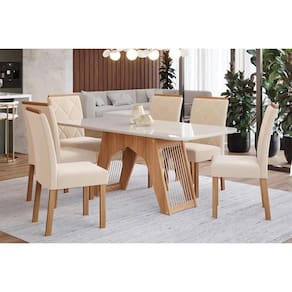 Conjunto: Mesa de Cozinha Carol Tampo Madeirado c/ Vidro 180x90cm e 6 Cadeiras Fernanda Madeirado/Suede Nude Bege - Cimol