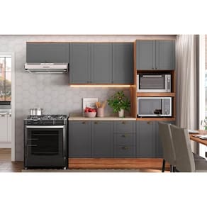Kit Cozinha Modulada 4 Peças Bella (2Armários+1Balcão+1Paneleiro) C4P57 Nogal/Cinza - Carraro