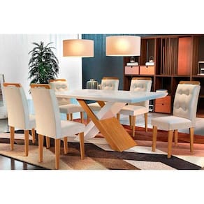 Conjunto: Mesa de Cozinha Imperatriz Tampo Madeirado c/ Vidro Curvo 180x90 e 6 Cadeiras Imperatriz Imbuia/Suede Creme - Rufato