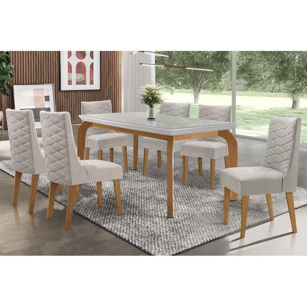 Conjunto: Mesa de Cozinha Londrina Tampo Madeirado c/ Vidro 180x90cm e 6 Cadeiras Dafne Capuccino/Suede Creme - Rufato