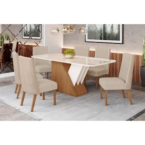 Conjunto: Mesa de Cozinha Épic SC24 Tampo Madeirado c/ Vidro Canto Curvo 160x90cm e 6 Cadeiras Anne Nature/Courano/Creme - Henn