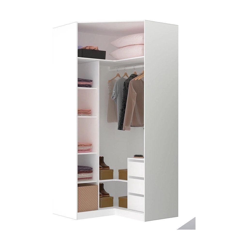 Guarda Roupa Canto Closet Sem Portas 3 Gavetas, Cabideiro, 5 Prateleiras Prime Luciane Móveis