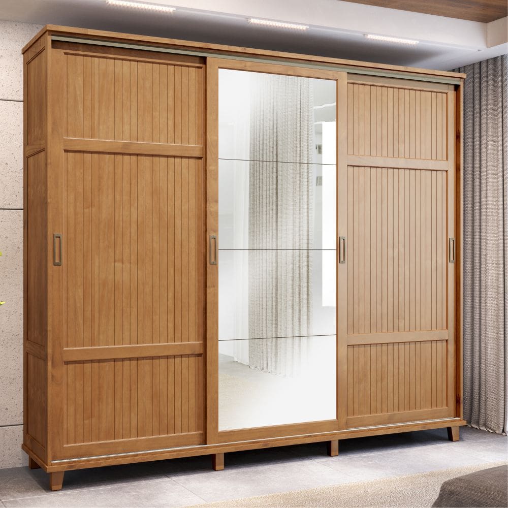 Guarda-Roupa Casal Dublin 3 Portas de Correr em Madeira com Espelho Freijó - Cavazotto