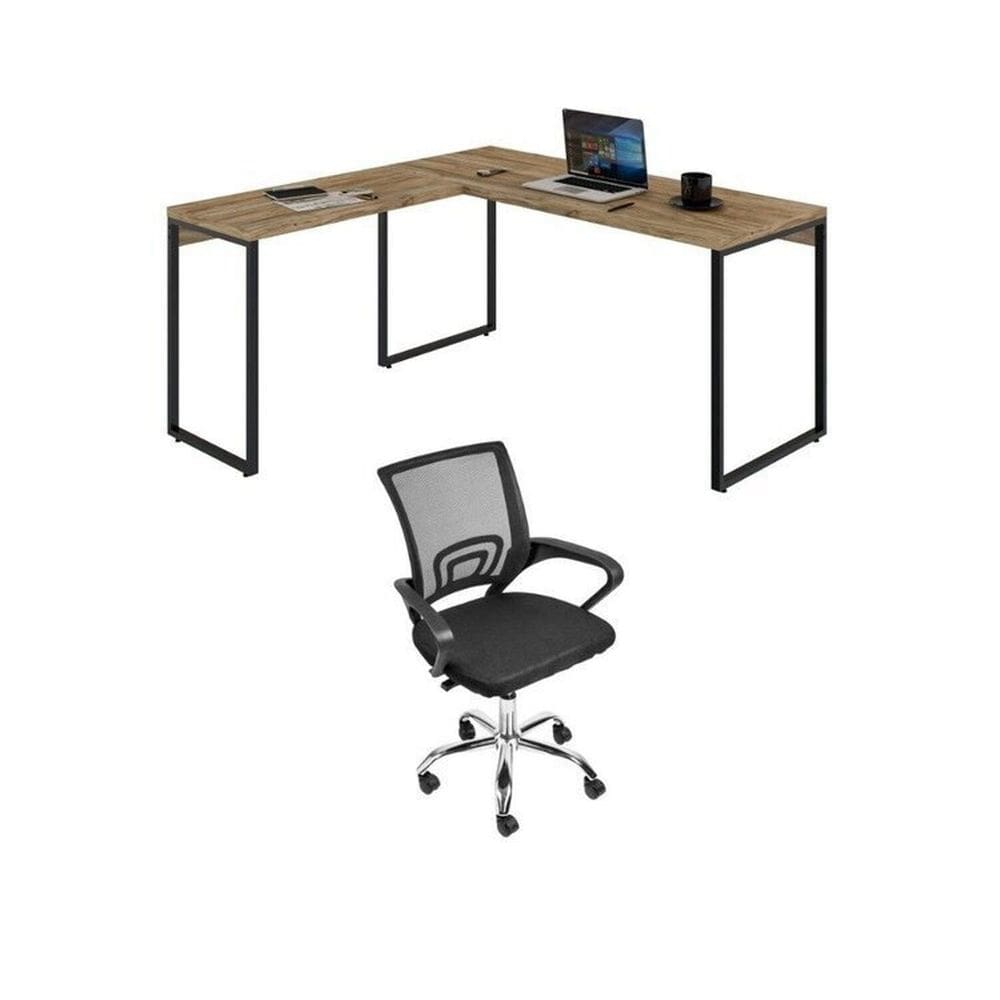 Conjunto Escritório 1 Mesa em L Industrial 150cm Kuadra 1 Cadeira de Escritório Diretor Santiago Carvalho