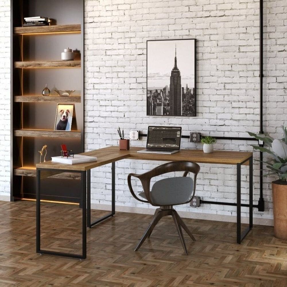 Conjunto Escritório 1 Mesa em L Industrial 150cm Kuadra 1 Cadeira de Escritório Diretor Santiago Marrom