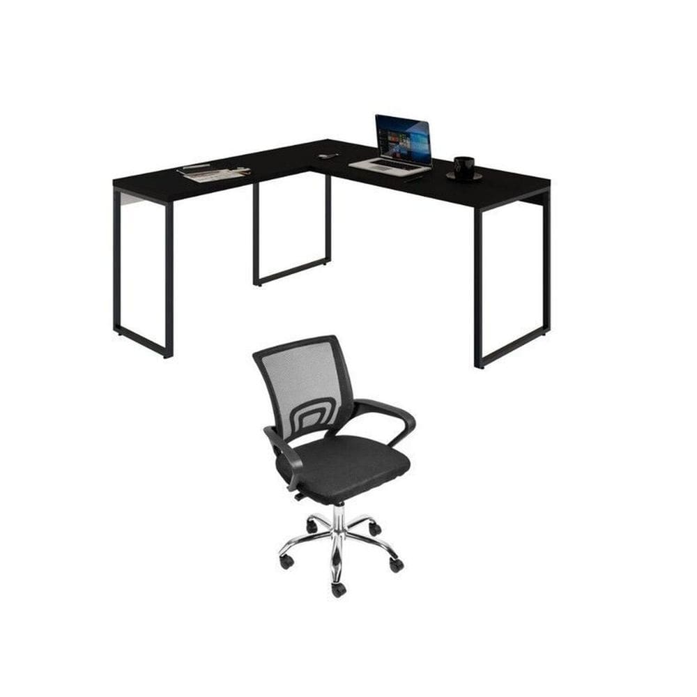 Conjunto Escritório 1 Mesa em L Industrial 150cm Kuadra 1 Cadeira de Escritório Diretor Santiago Preto/Ônix