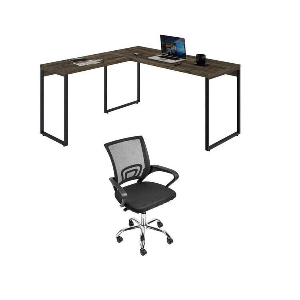 Conjunto Escritório 1 Mesa em L Industrial 150cm Kuadra 1 Cadeira de Escritório Diretor Santiago Marrom