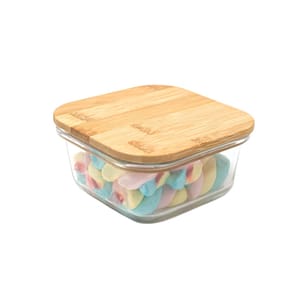 Pote 380Ml Hermético De Vidro Com Tampa De Bambu Quadrado Flat - Tud