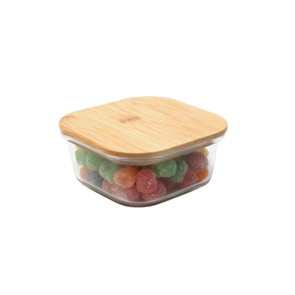 Pote 550Ml Hermético De Vidro Com Tampa De Bambu Quadrado Flat - Tud
