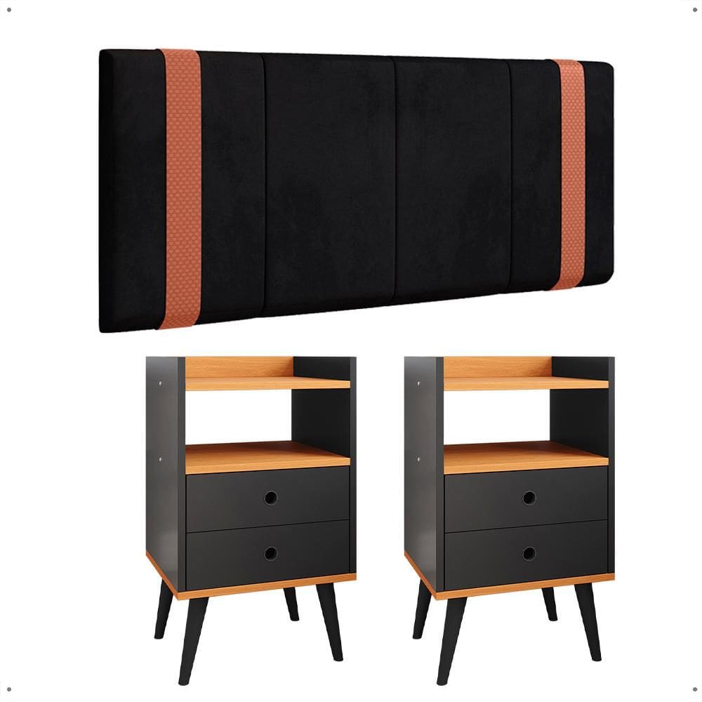 Kit Quarto Casal 2 Mesas Cabeceira Nicho Gavetas Painel Protetor Parede Cama Box 1,40 - Lojas RPM