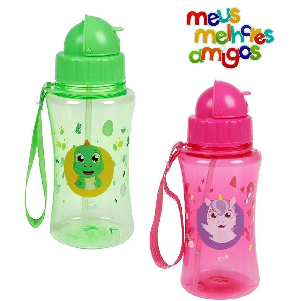 Garrafa Garrafinha Squeeze Infantil Meus Melhores Amigos com Tampa Retráril e Canudo 400 ml - Cor: Dino