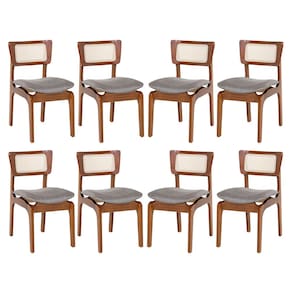 Kit 8 Cadeiras de Jantar Portugal em Madeira Imbuia Tela Rattan Linho Cinza L55