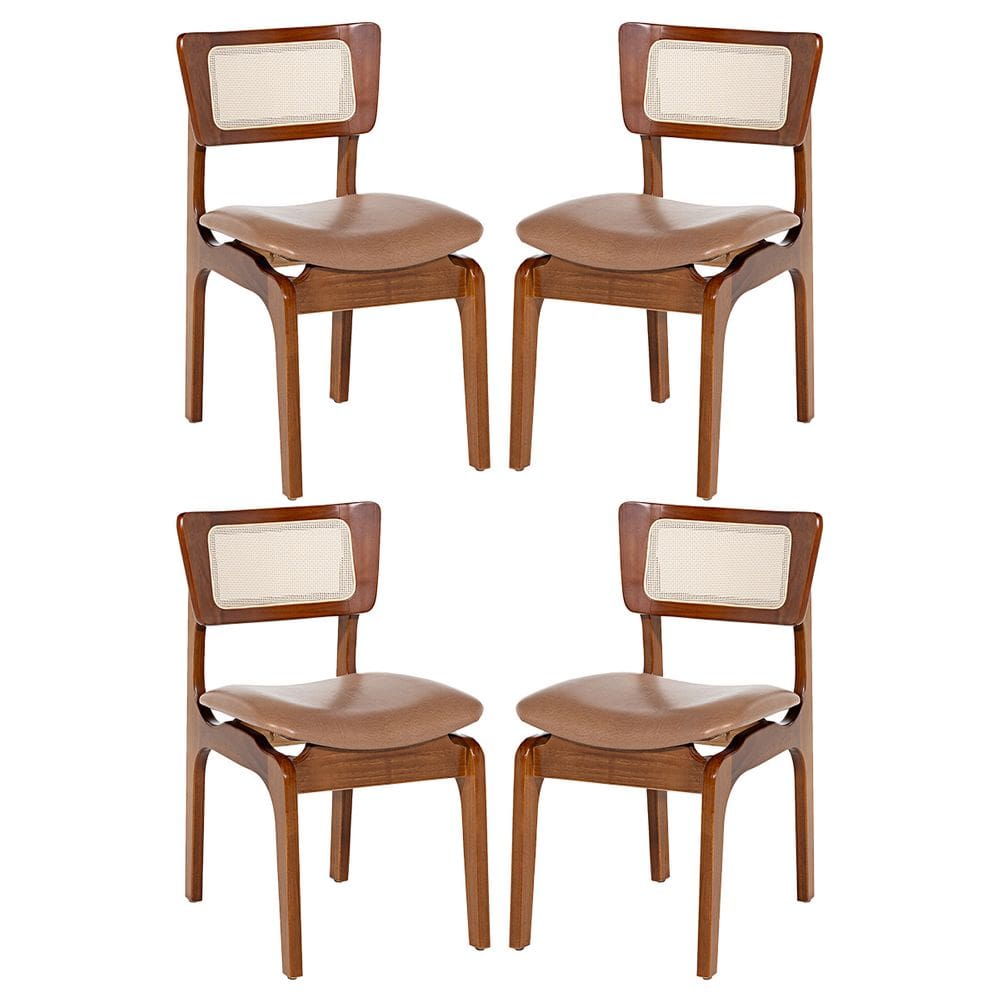 Kit 4 Cadeiras de Jantar Portugal em Madeira Imbuia Tela Rattan Impermeável Caramelo L85