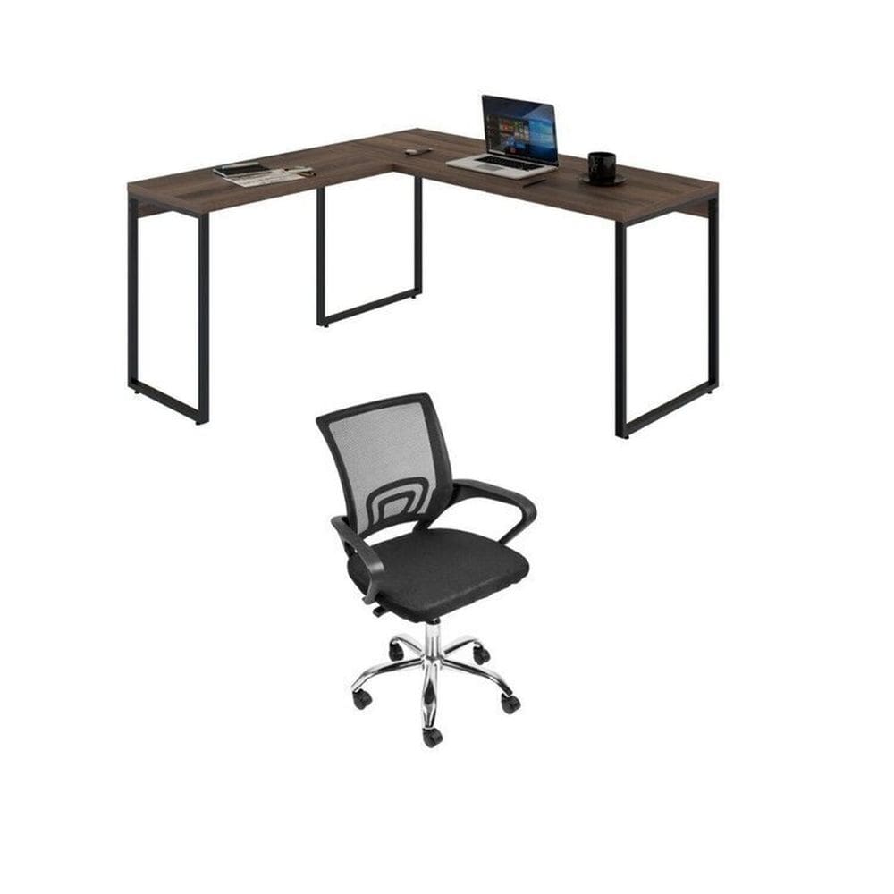 Conjunto Escritório 1 Mesa em L Industrial 150cm Kuadra 1 Cadeira de Escritório Diretor Santiago Marrom