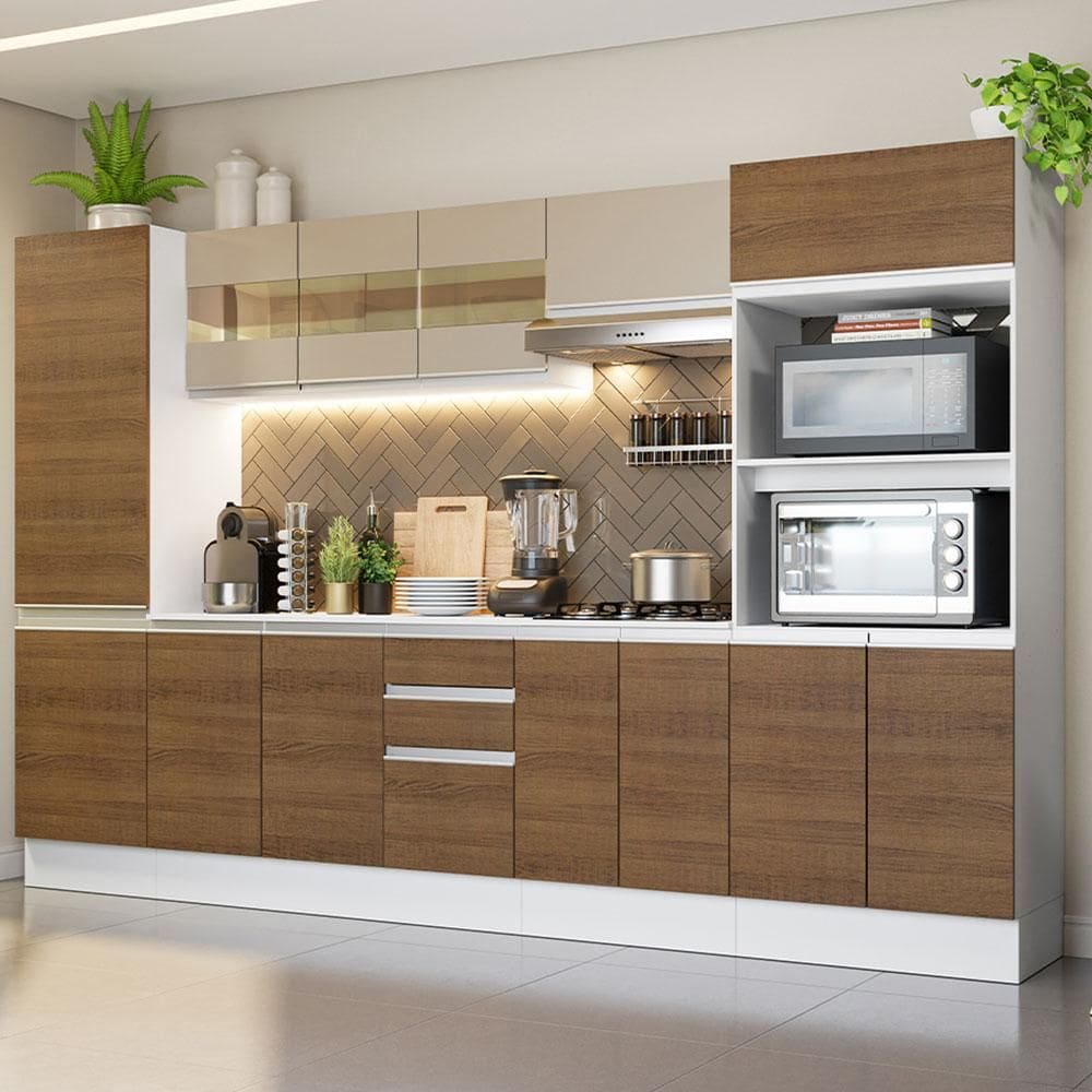 Cozinha Completa 100% MDF Madesa Smart 300 cm Com Armário e Balcão - Branco/Rustic/Crema XV