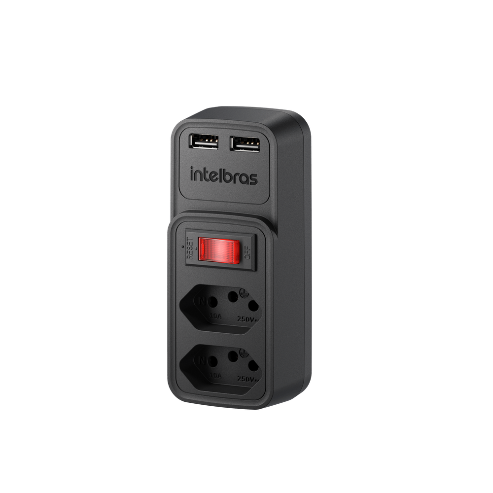 Adaptador Elétrico Preto 2 Tomadas 2 USB - EAC 202