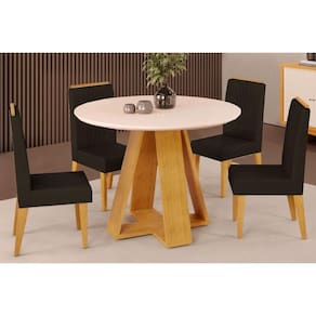 Conjunto: Mesa Sala Jantar Celeste Tampo Madeirado c/ Vidro Redondo 103x103cm e 4 Cadeiras Lia Cedro/Off White - Suede Moca - DJ Móveis