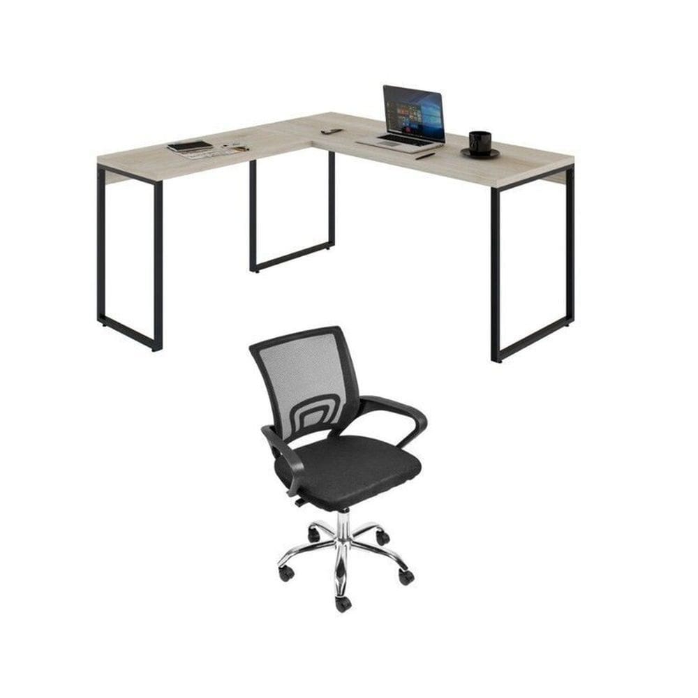 Conjunto Escritório 1 Mesa em L Industrial 150cm Kuadra 1 Cadeira de Escritório Diretor Tok Snow