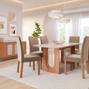 Sala de Jantar Valentina 1,80cm com 6 Cadeiras Clarice Cinamomo/ Off White/ Madeira/ Joli