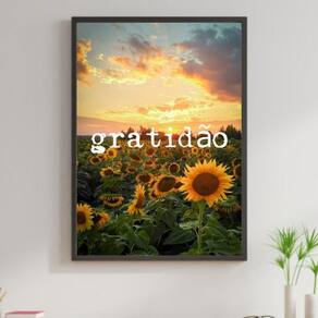 Quadro Decorativo Gratidão Girassol Por Do Sol Moldura Preta