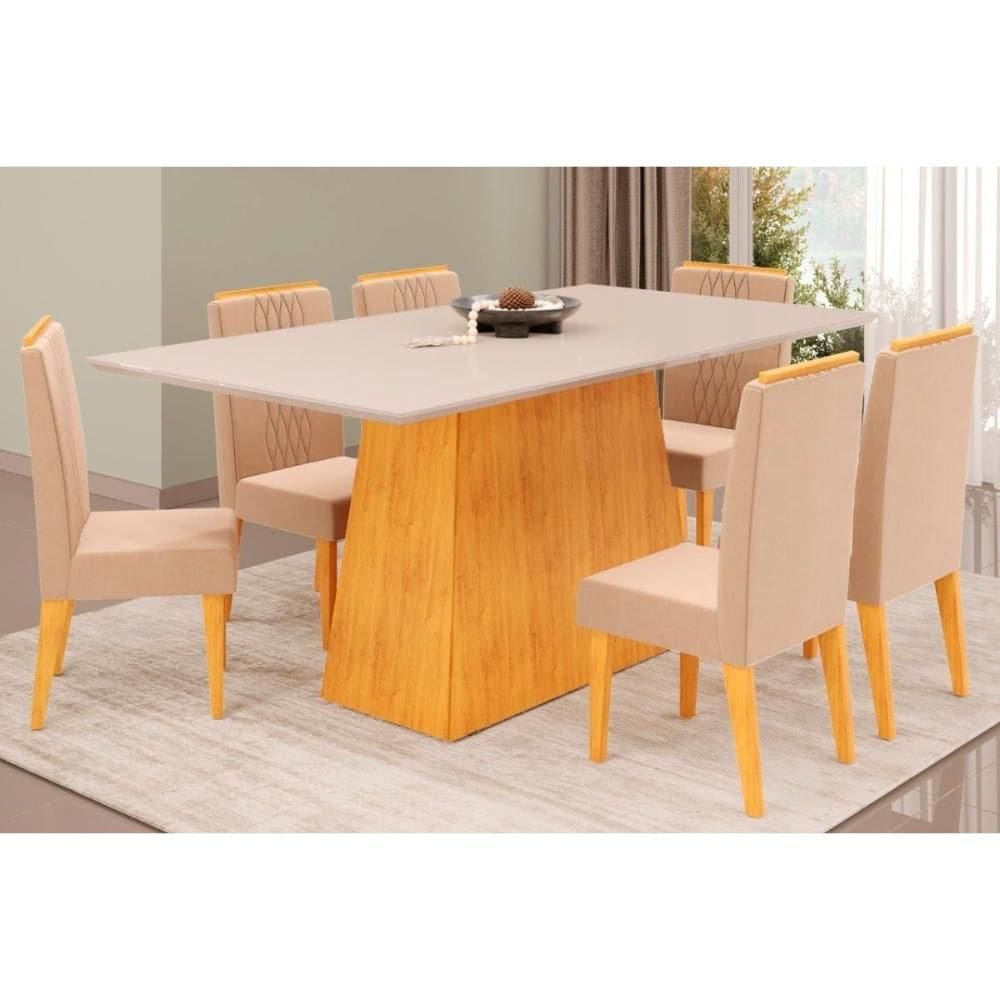 Conjunto: Mesa Sala Jantar Dulce Tampo Madeirado c/ Vidro Reto 180x90cm e 6 Cadeiras Lia Cedro/Off White - Suede Kraft - DJ Móveis