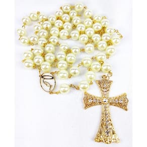 Terço de Noiva Dourado Perolas Creme Entremeio Nossa Senhora