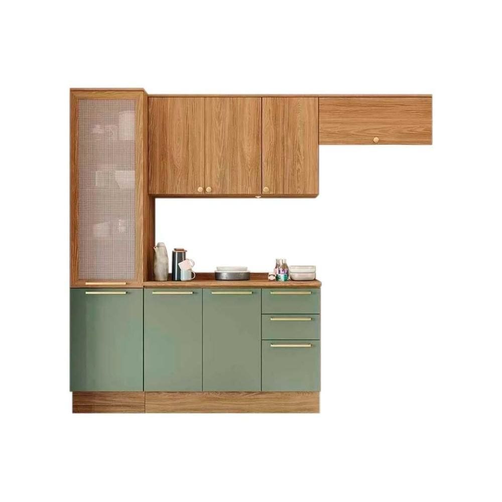 Kit de Cozinha Completa 5 Peças Botanic (2Aéreo+1Balcão+1Paneleiro+1Complemento) M659 Nogueira/Verde Oliva - Kappesberg