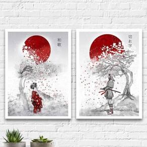 Kit 2 Quadros Decorativos Arte Japonesa 45X34 Moldura Branca