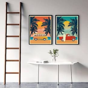 Kit 2 Quadros Decorativos Carros Na Praia 45X34Cm - Preta