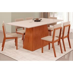 Conjunto: Mesa Sala Jantar Dulce Tampo Madeirado c/ Vidro Reto 180x90cm e 6 Cadeiras Talia Freijo/Off White - Suede Creme - DJ Móveis
