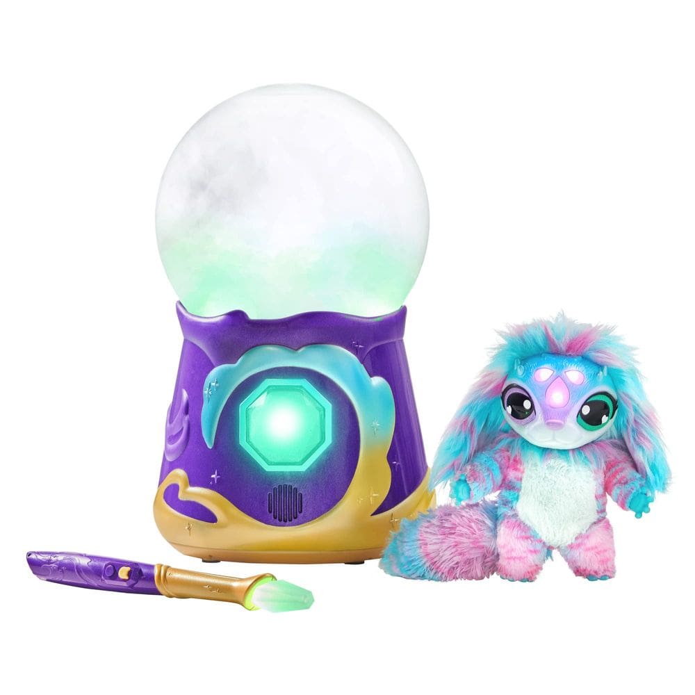 Magic Mixies Magical Misting Crystal Ball com brinquedo de pelúcia azul interativo de 8 polegadas e mais de 80 sons e reações