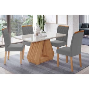 Conjunto: Mesa Sala Jantar Ágata Tampo Madeirado c/ Vidro 130x80cm e 4 Cadeiras Juliana Nature/Off White - Madeira/Linho Grafite - Cimol