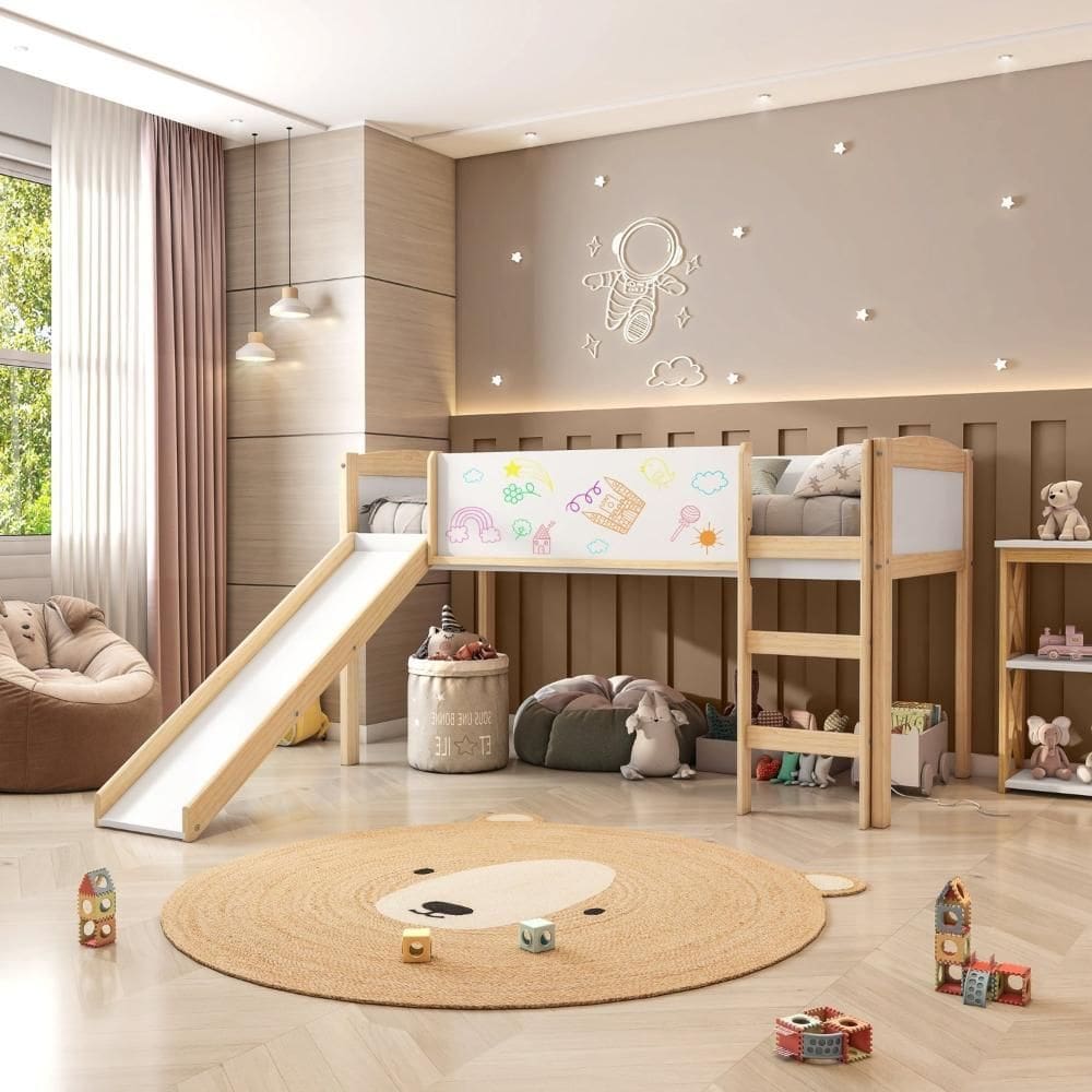 Cama Alta com Escorregador e Lousa Madeira Maciça/MDF Exclusive Casatema Branco/Natural
