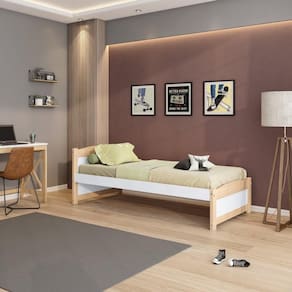 Cama Solteiro Madeira Maciça/MDF Teen Casatema Branco/Natural